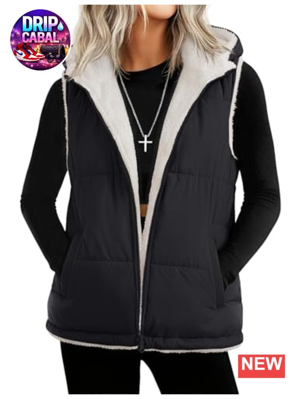 Reversible Hooded Puffer Vest with Pockets, Fleece Lined, Zip Up, Sleeveless